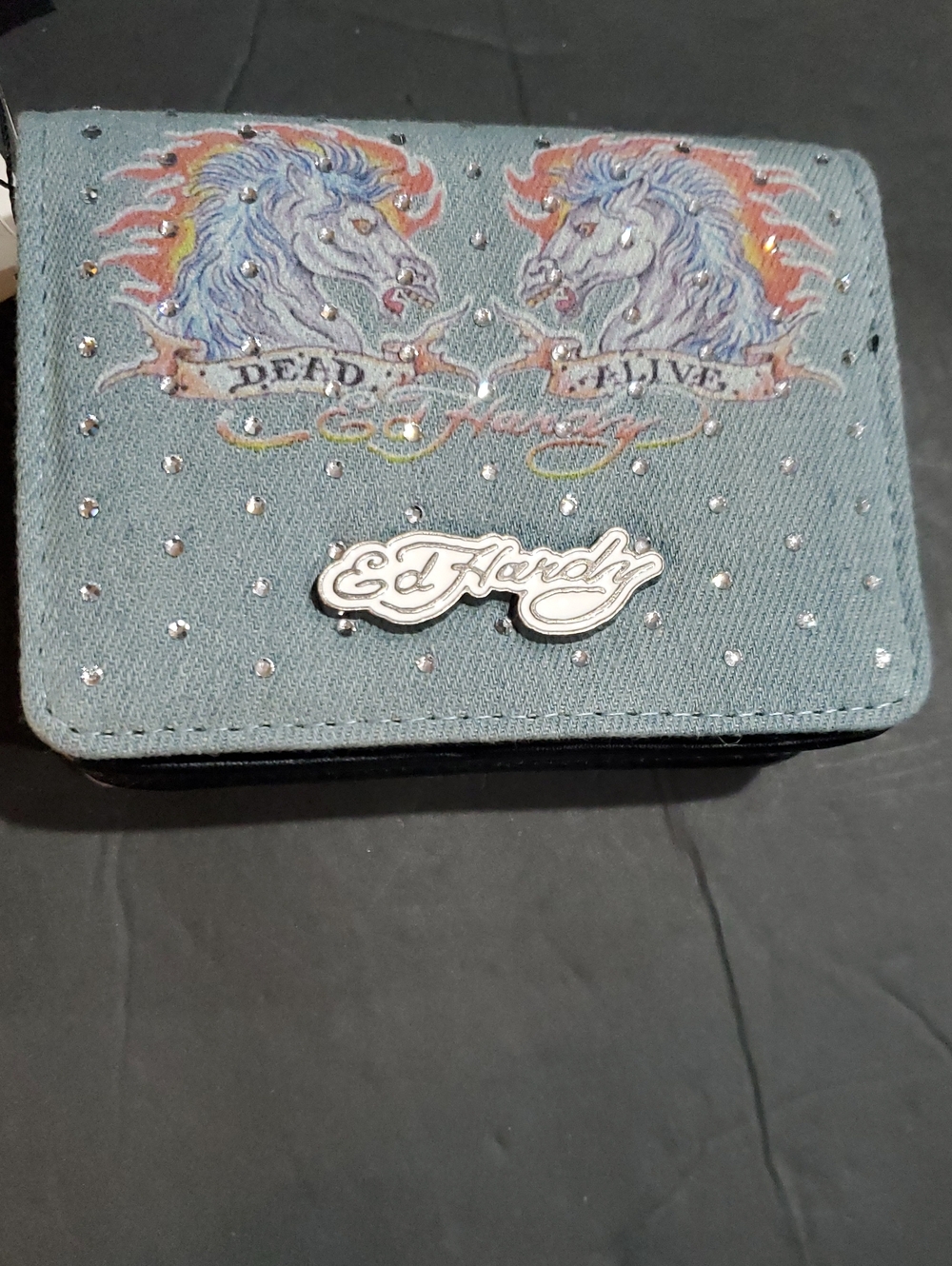 Ed hardy washed denim flaming Dead or Alive unicorns printed mini crossbody new